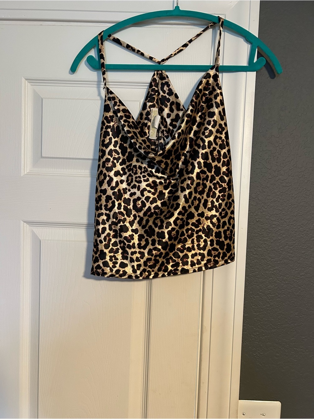NWT Maria Jose Leopard Print Satin Cowl Neck Camisole Top - Beige/Black